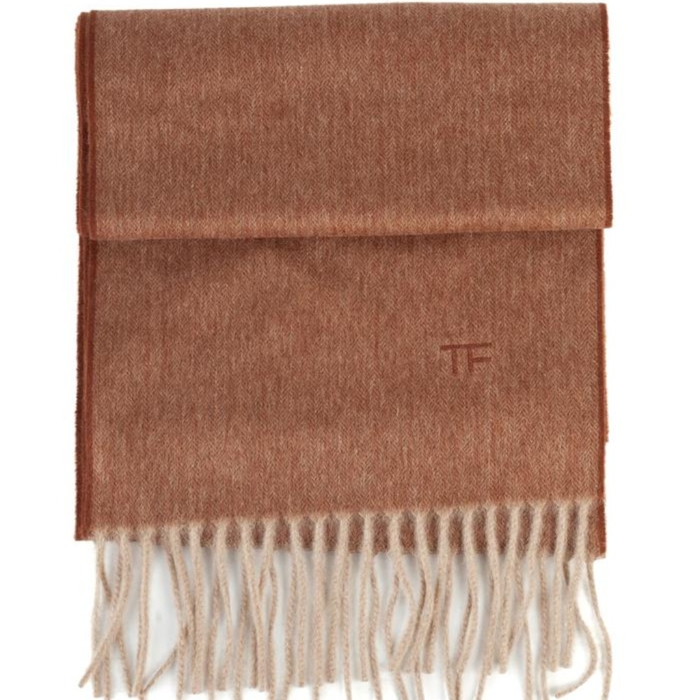 TOM FORD 100% CASHMERE SCARF SOLID BROWN FRINGES
